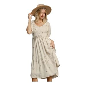 NWT! UMGEE OATMEAL LINEN BLEND TIERED RIBBON EMBROIDERED DRESS. Size Large.